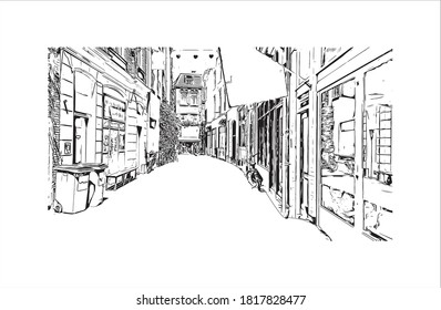 Building view with landmark of Arnhem is a city and municipality situated in the eastern part of the Netherlands. Hand drawn sketch illustration in vector.