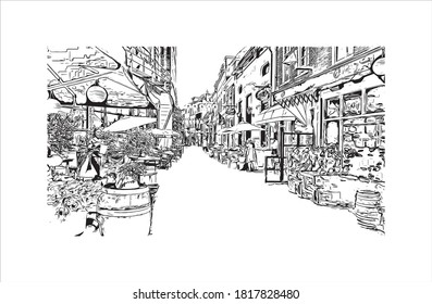 Building view with landmark of Arnhem is a city and municipality situated in the eastern part of the Netherlands. Hand drawn sketch illustration in vector.