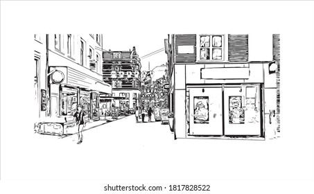 Building view with landmark of Arnhem is a city and municipality situated in the eastern part of the Netherlands. Hand drawn sketch illustration in vector.