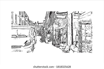 La vista de los edificios con un punto de referencia de Arnhem es una ciudad y municipio situada en la parte oriental de los Países Bajos. Dibujo a mano de ilustración de esbozo en vector.