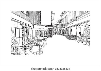 Building view with landmark of Arnhem is a city and municipality situated in the eastern part of the Netherlands. Hand drawn sketch illustration in vector.