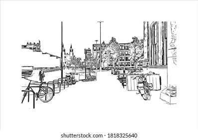 Building view with landmark of Arnhem is a city and municipality situated in the eastern part of the Netherlands. Hand drawn sketch illustration in vector.