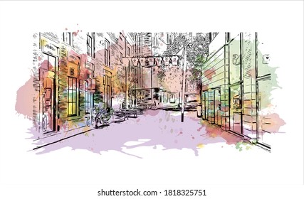 Building view with landmark of Arnhem is a city and municipality situated in the eastern part of the Netherlands. Watercolor splash with hand drawn sketch illustration in vector.