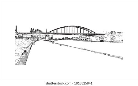 Building view with landmark of Arnhem is a city and municipality situated in the eastern part of the Netherlands. Hand drawn sketch illustration in vector.