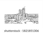Building view with landmark of Ashdod is the largest city and the largest port in Israel. Hand drawn sketch illustration in vector.