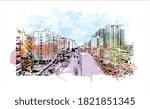 Building view with landmark of Ashdod is the largest city and the largest port in Israel.  Watercolor splash with hand drawn sketch illustration in vector.