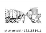 Building view with landmark of Ashdod is the largest city and the largest port in Israel. Hand drawn sketch illustration in vector.