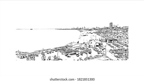 Construir vistas con el punto de referencia de Ashdod es la ciudad más grande y el puerto más grande de Israel. Dibujo a mano de ilustración de esbozo en vector.