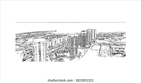 Building view with landmark of Ashdod is the largest city and the largest port in Israel. Hand drawn sketch illustration in vector.