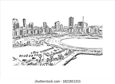 Construir vistas con el punto de referencia de Ashdod es la ciudad más grande y el puerto más grande de Israel. Dibujo a mano de ilustración de esbozo en vector.