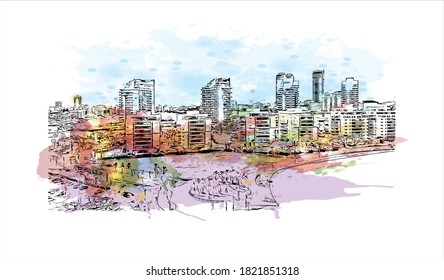 Building view with landmark of Ashdod is the largest city and the largest port in Israel.  Watercolor splash with hand drawn sketch illustration in vector.