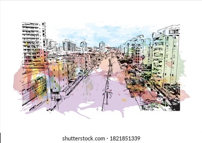 Building view with landmark of Ashdod is the largest city and the largest port in Israel.  Watercolor splash with hand drawn sketch illustration in vector.