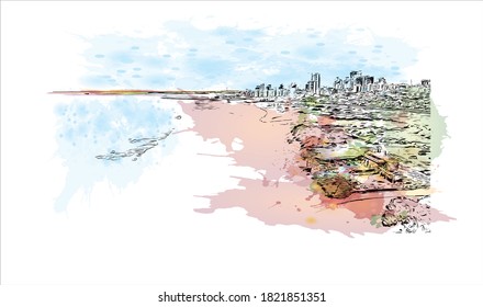 Building view with landmark of Ashdod is the largest city and the largest port in Israel.  Watercolor splash with hand drawn sketch illustration in vector.