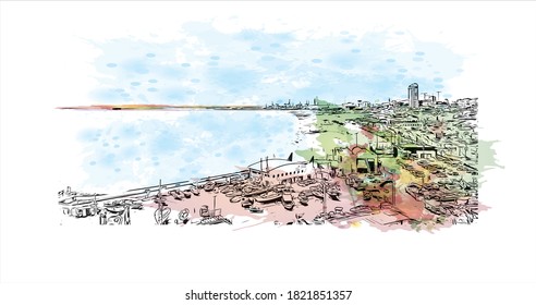 Building view with landmark of Ashdod is the largest city and the largest port in Israel.  Watercolor splash with hand drawn sketch illustration in vector.