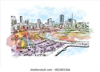 Construir vistas con el punto de referencia de Ashdod es la ciudad más grande y el puerto más grande de Israel.  Salto de color de agua con ilustración de esbozo dibujada a mano en vector.
