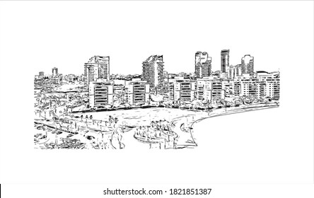 Building view with landmark of Ashdod is the largest city and the largest port in Israel. Hand drawn sketch illustration in vector.