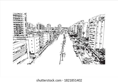 Die Bausicht mit Wahrzeichen von Ashdod ist die größte Stadt und der größte Hafen in Israel. Handgezeichnete Skizzengrafik in Vektorgrafik.