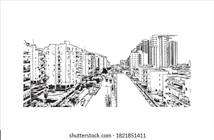 Building view with landmark of Ashdod is the largest city and the largest port in Israel. Hand drawn sketch illustration in vector.