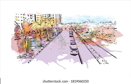  Building view with landmark of Ashkelon is a coastal city in the Southern District of Israel. Watercolor splash with hand drawn sketch illustration in vector.