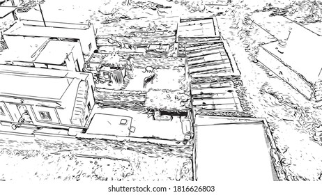 Building view with landmark of Asmara is the capital city of Eritrea. Hand drawn sketch illustration in vector.