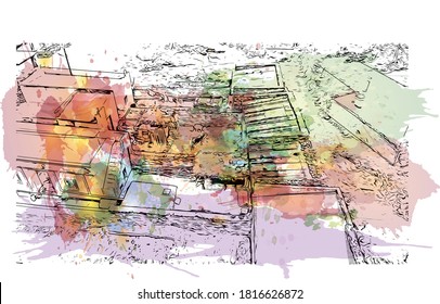 La ciudad capital de Eritrea es el edificio con vistas a Asmara. Salto de color de agua con ilustración de esbozo dibujada a mano en vector.
