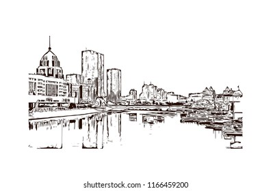 Building view with landmark of Astana is the capital city of Kazakhstan, straddling the Ishim River in the north of the country. Hand drawn sketch illustration in vector.