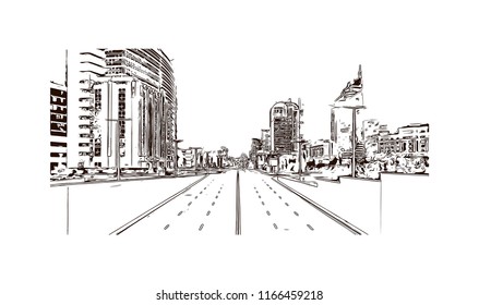 Building view with landmark of Astana is the capital city of Kazakhstan, straddling the Ishim River in the north of the country. Hand drawn sketch illustration in vector.