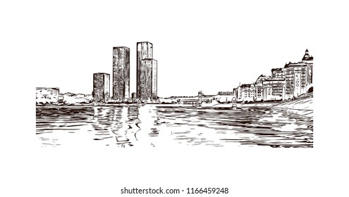 Building view with landmark of Astana is the capital city of Kazakhstan, straddling the Ishim River in the north of the country. Hand drawn sketch illustration in vector.