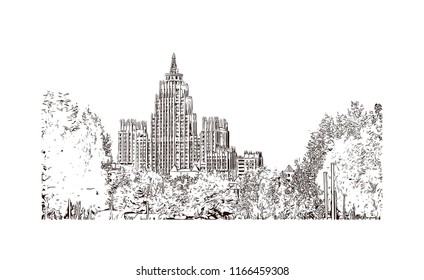 Building view with landmark of Astana is the capital city of Kazakhstan, straddling the Ishim River in the north of the country. Hand drawn sketch illustration in vector.