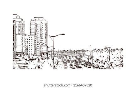 Building view with landmark of Astana is the capital city of Kazakhstan, straddling the Ishim River in the north of the country. Hand drawn sketch illustration in vector.