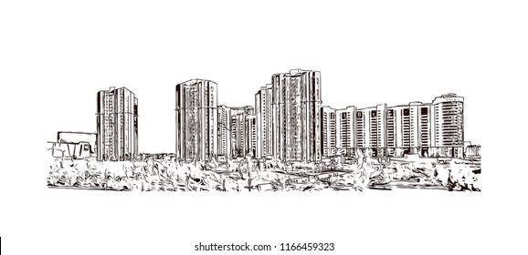 Building view with landmark of Astana is the capital city of Kazakhstan, straddling the Ishim River in the north of the country. Hand drawn sketch illustration in vector.
