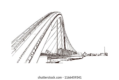 Building view with landmark of Astana is the capital city of Kazakhstan, straddling the Ishim River in the north of the country. Hand drawn sketch illustration in vector.