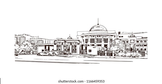 Building view with landmark of Astana is the capital city of Kazakhstan, straddling the Ishim River in the north of the country. Hand drawn sketch illustration in vector.