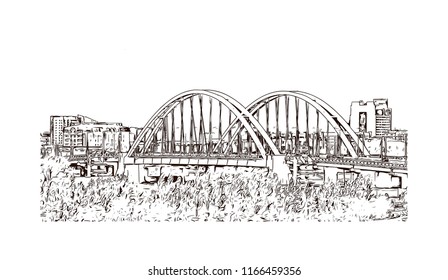 Building view with landmark of Astana is the capital city of Kazakhstan, straddling the Ishim River in the north of the country. Hand drawn sketch illustration in vector.