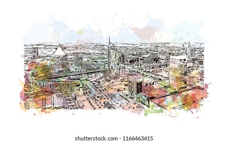 Building view with landmark of Astana is the capital city of Kazakhstan. Watercolor splash with Hand drawn sketch illustration in vector.