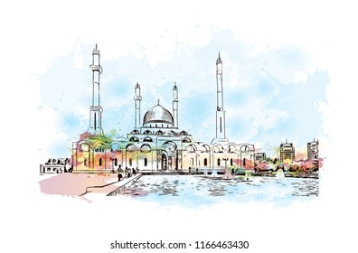Building view with landmark of Astana is the capital city of Kazakhstan. Watercolor splash with Hand drawn sketch illustration in vector.