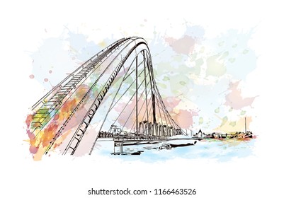Building view with landmark of Astana is the capital city of Kazakhstan. Watercolor splash with Hand drawn sketch illustration in vector.