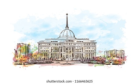 Building view with landmark of Astana is the capital city of Kazakhstan. Watercolor splash with Hand drawn sketch illustration in vector.