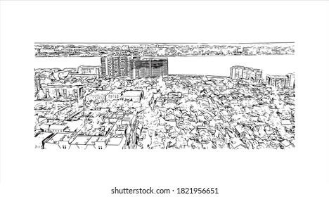 Building view with landmark of Astrakhan is a city on the Volga River in southern Russia. Hand drawn sketch illustration in vector.