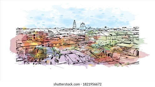 Building view with landmark of Astrakhan is a city on the Volga River in southern Russia. Watercolor splash with hand drawn sketch illustration in vector.