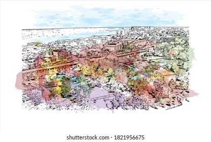 Building view with landmark of Astrakhan is a city on the Volga River in southern Russia. Watercolor splash with hand drawn sketch illustration in vector.