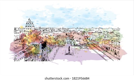 Building view with landmark of Astrakhan is a city on the Volga River in southern Russia. Watercolor splash with hand drawn sketch illustration in vector.