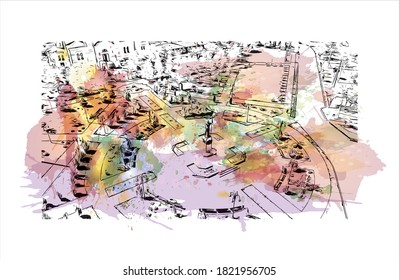Building view with landmark of Astrakhan is a city on the Volga River in southern Russia. Watercolor splash with hand drawn sketch illustration in vector.
