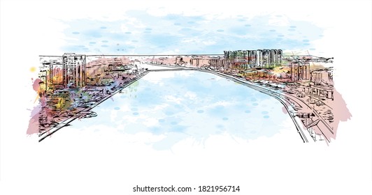 Building view with landmark of Astrakhan is a city on the Volga River in southern Russia. Watercolor splash with hand drawn sketch illustration in vector.
