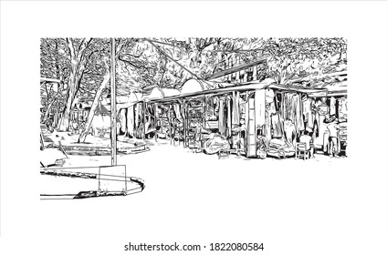 Building view with landmark of Asuncion is the capital and largest city of Paraguay. Hand drawn sketch illustration in vector.