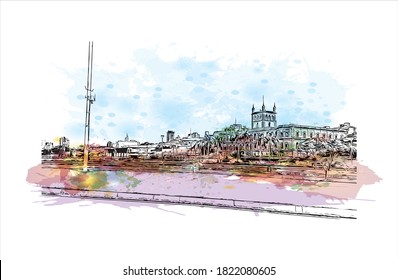 Building View With Landmark Of Asuncion Is The Capital And Largest City Of Paraguay. Watercolor Splash With Hand Drawn Sketch Illustration In Vector.