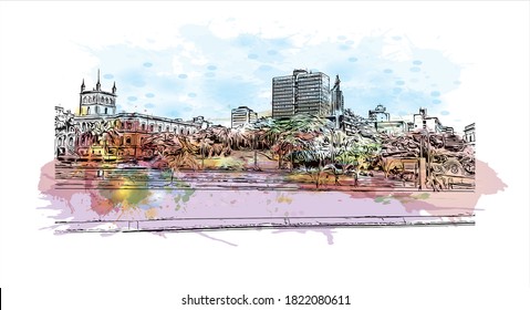 Building View With Landmark Of Asuncion Is The Capital And Largest City Of Paraguay. Watercolor Splash With Hand Drawn Sketch Illustration In Vector.