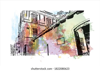 Building view with landmark of Asuncion is the capital and largest city of Paraguay. Watercolor splash with hand drawn sketch illustration in vector.