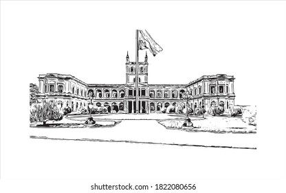 Building View With Landmark Of Asuncion Is The Capital And Largest City Of Paraguay. Hand Drawn Sketch Illustration In Vector.