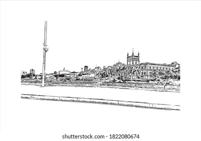 Building view with landmark of Asuncion is the capital and largest city of Paraguay. Hand drawn sketch illustration in vector.